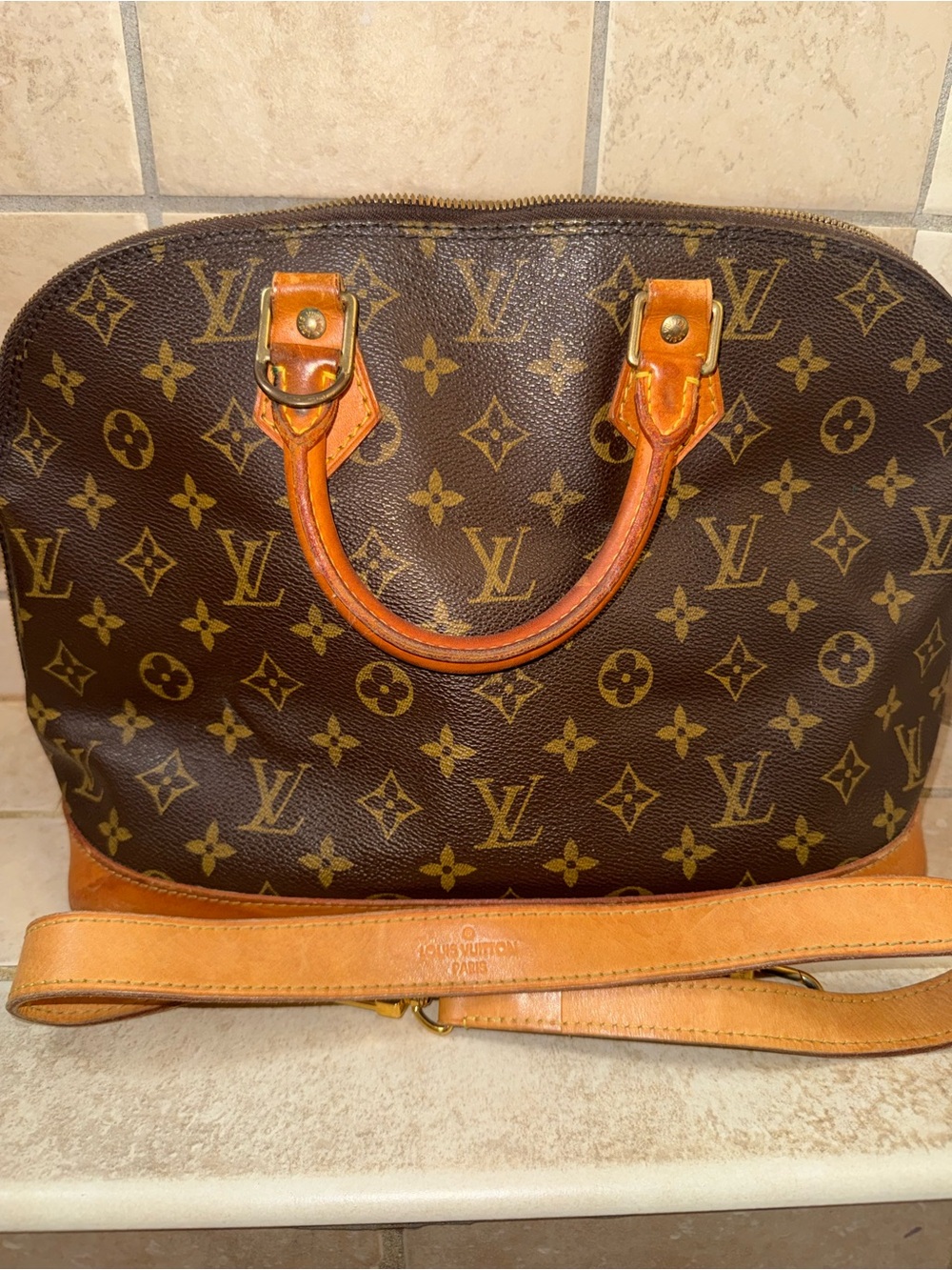 Louis Vuitton Monogram Alma Satchel in Brown with Tan Trim